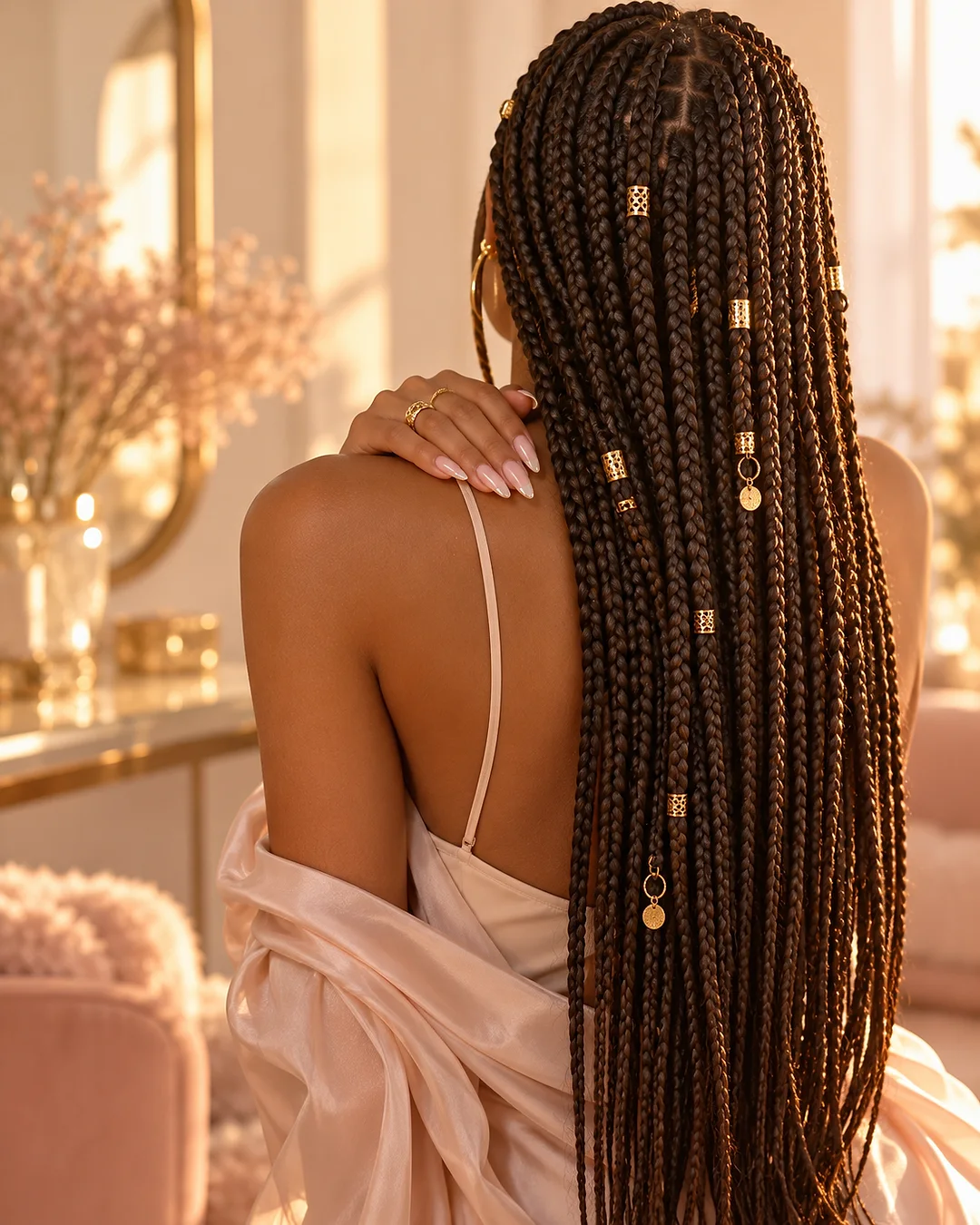 Lange Knotless Braids mit kleinen Goldringen, von hinten
