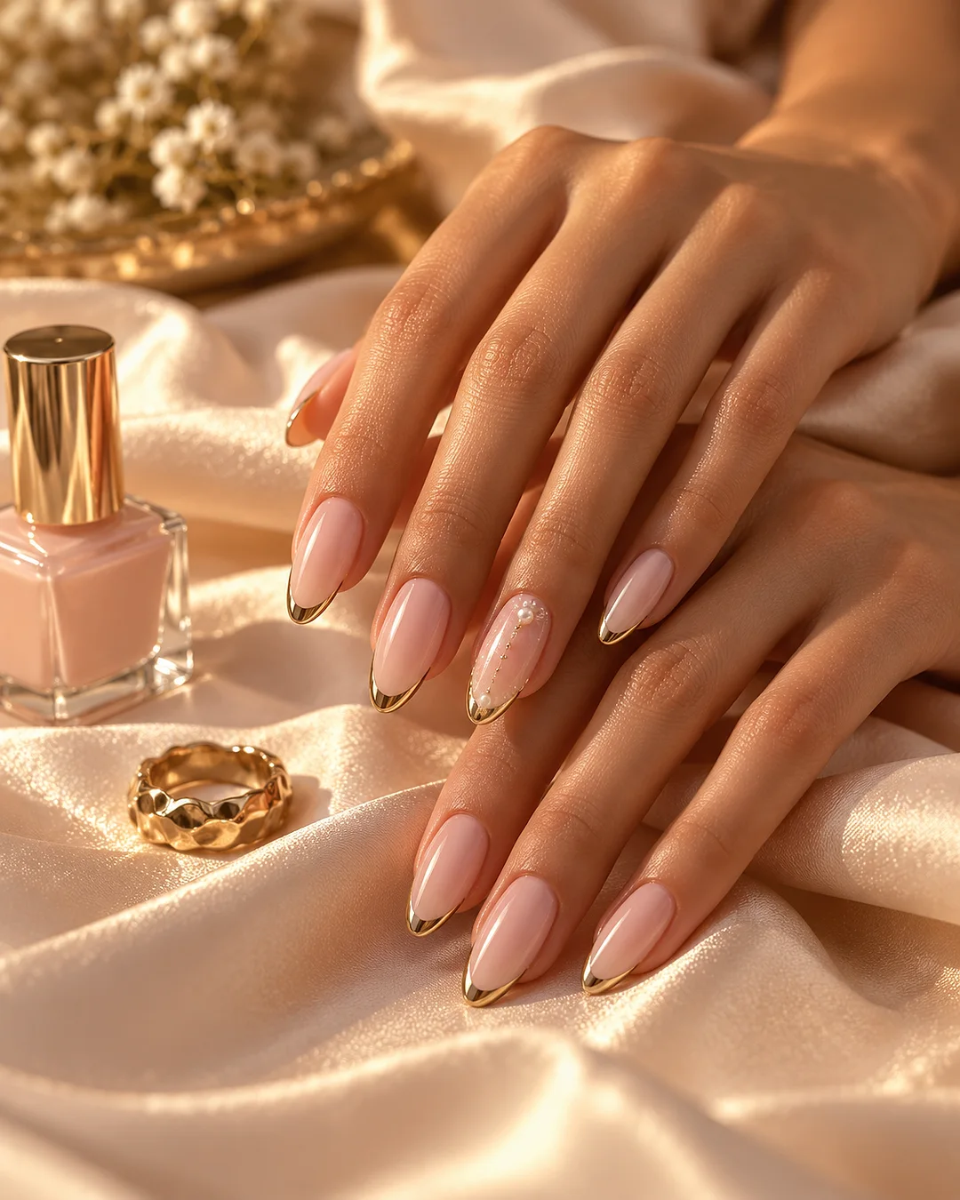 Gepflegte Hände mit langen Mandelnägeln, milchig-rosa mit goldenen French Tips